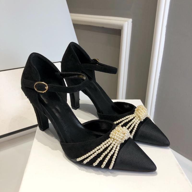 

Dress Shoes 2021 Autumn Women Pumps Fashion Pearls Pointed Toe 8cm High Heel Brand Female Stiletto Single Party Office, Black