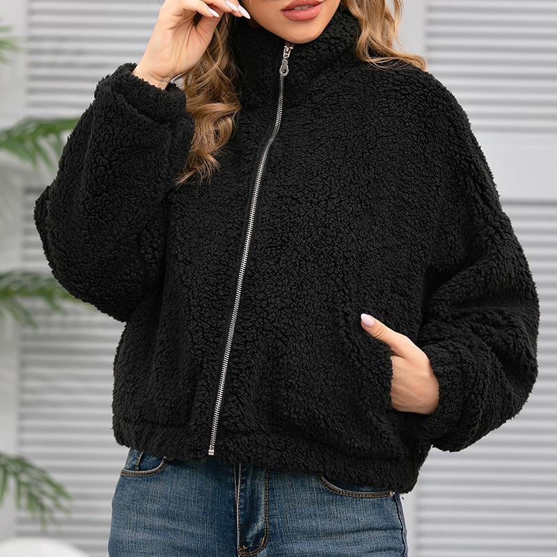 

Women's Fur & Faux 2021 Short Coat Plush Zipper Stand-up Collar Imitation Wool Fashion Jacket Winter Thick Warm, Black