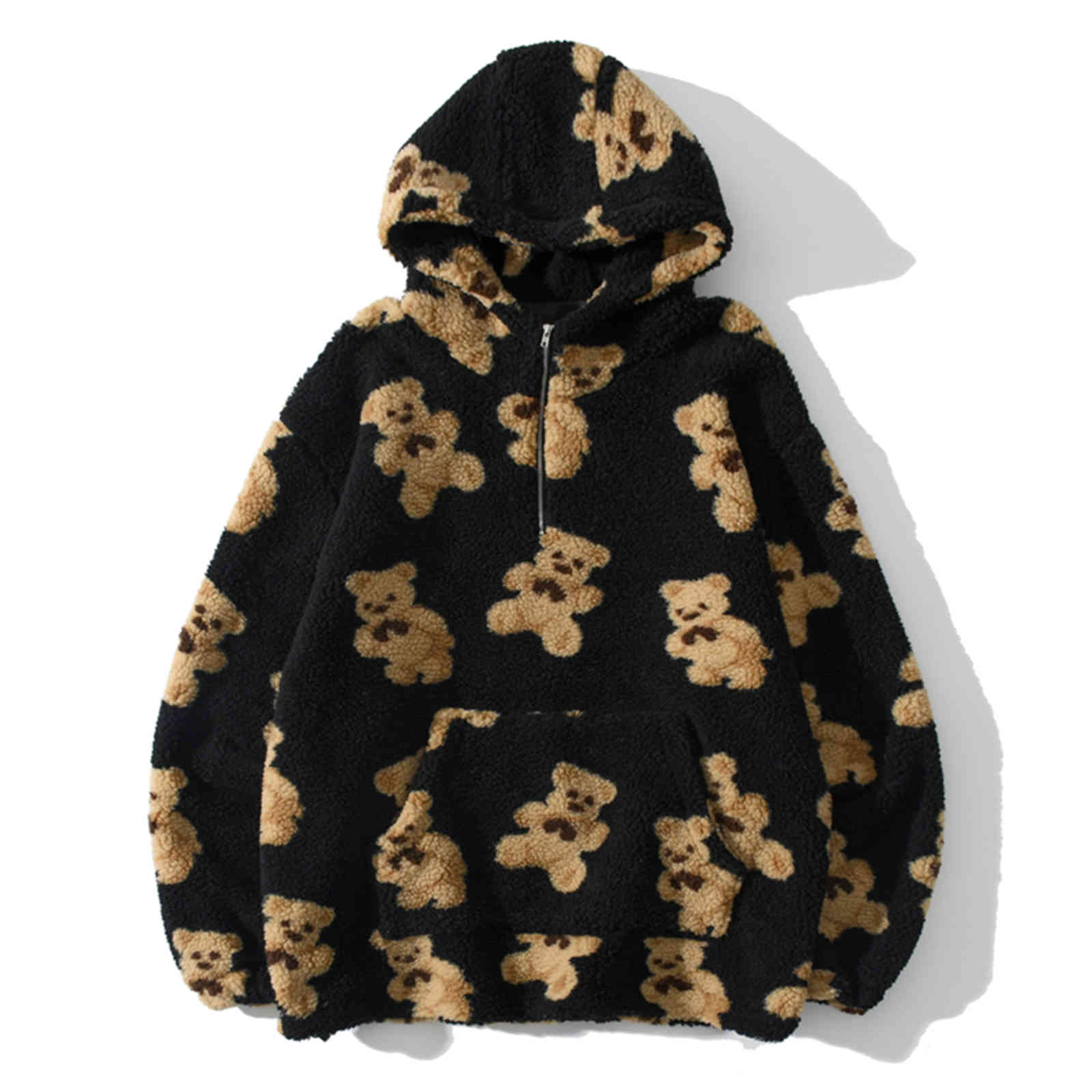 

men's jackets streetwear lambswool jacket men bear print half zipper cardigan coats harajuku hooded couple coat outwear pul, Black;brown