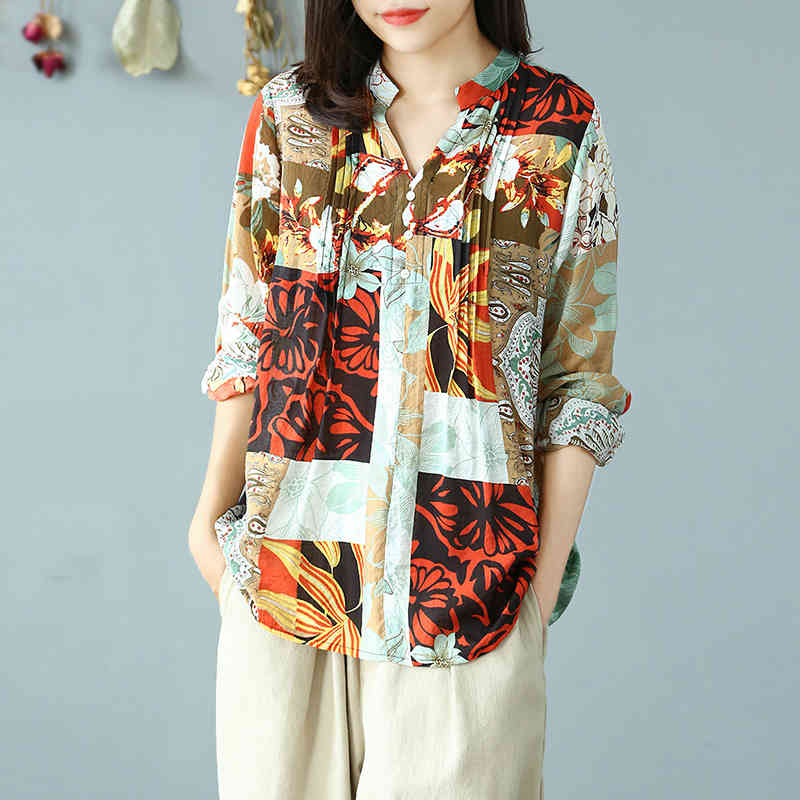 

Johnature Women Casual Linen Print Shirts Vintage Full Sleeve Tops V-neck Blouses Spring Button Loose Shirts 210521, Deep blue