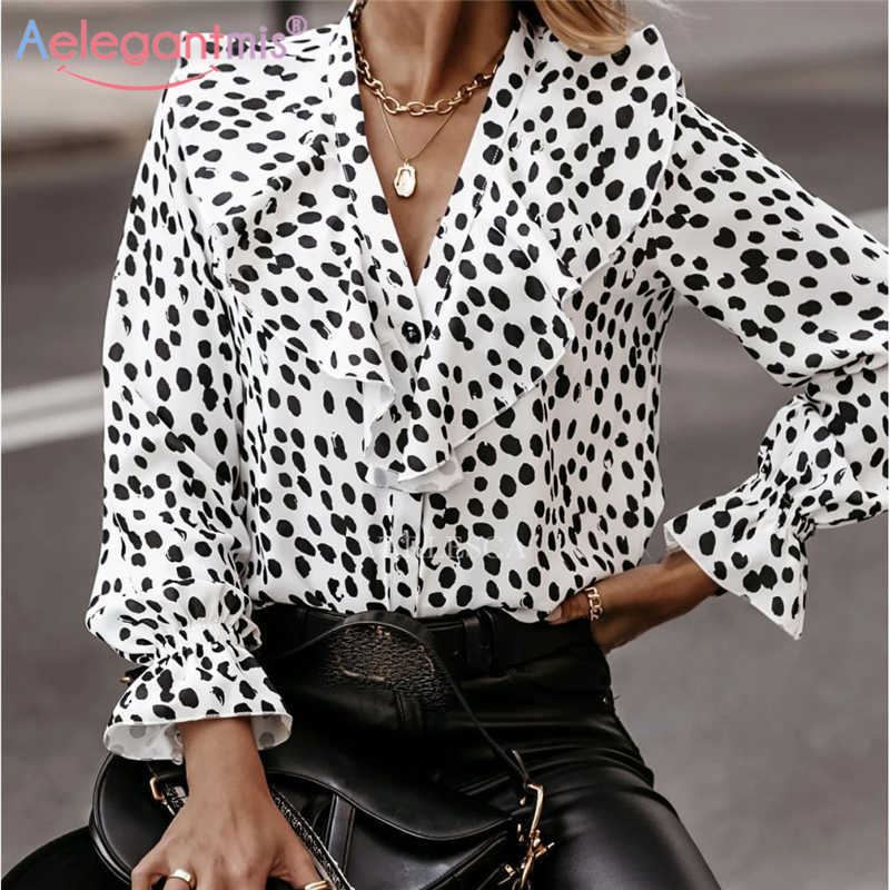 

Aelegantmis Fashion Women V Neck Ruffles Print Blouse Shirts Autumn Spring Oversize Casual Female Polka Dot Elegant Chic 210607, White
