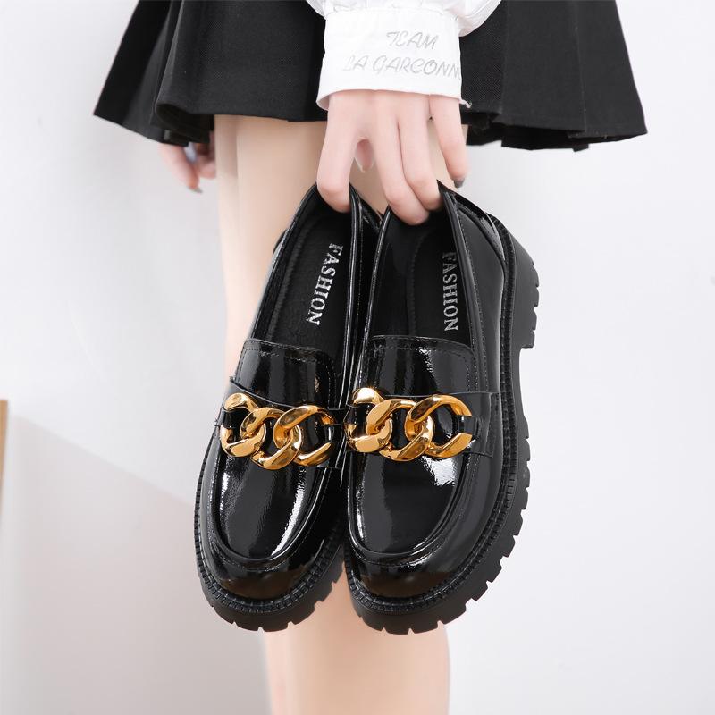 

Japanese Lolita Gothic Shoes Gold Chain 2021 Geniune Leather Platform Slip-on Oxford Loafers Pumps Retro Mary Janes Ladies Dress, Black