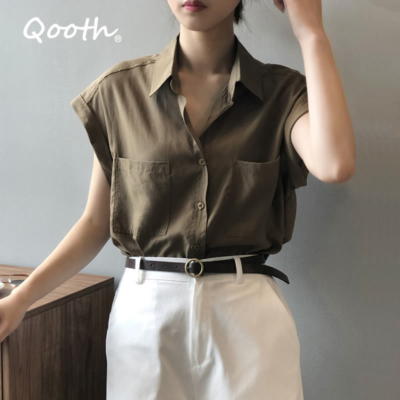 

Qooth Retro Drop-Shoulder Sleeve Shirt Women's Solid Summer Single Breasted Fashion Straight Design Shirt Loose Tops QT588 210518, Navy