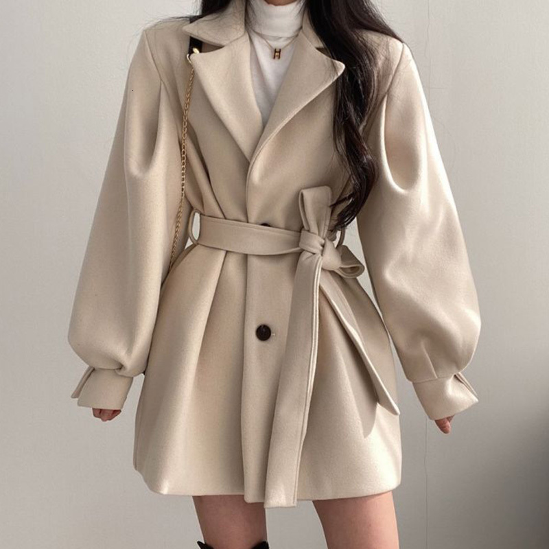 

Women's Wool & Blends Fmfhd elegant woman's wool coat with turtleneck turned down, vintage slim jacket flashlight sleeves and belt, spring XEVM, 1# shoe box