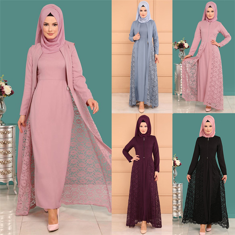

Two-piece Sets Muslim Abaya Dress and Outwear Women Lace Slim Fit Long Sleeve Kimono Caftan Islamic HIjab Dresses Plus Size 5XL