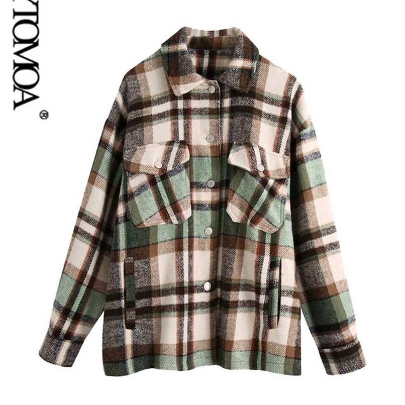 

KPYTOMOA Women Fashion Oversized Plaid Jacket Coat Vintage Long Sleeve Pockets Female Outerwear Chic Tops 211109, As picture