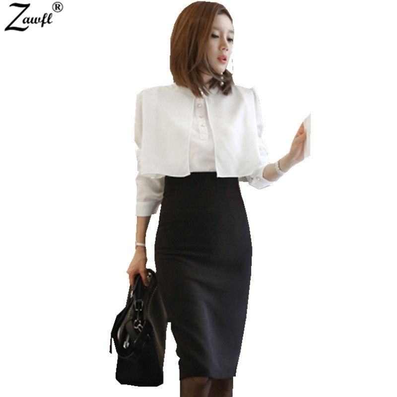

ZAWFL Summer Women Casual Two Pieces Female White Long Shirt Blouses Black Bag Hip Skirts Fashion 210525, Picture color