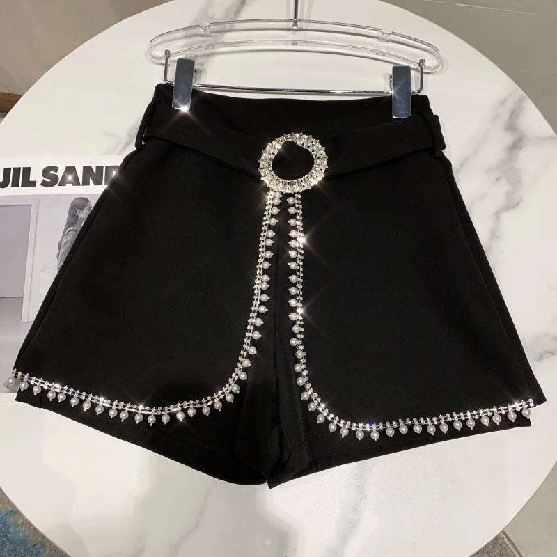 

Spring Arrivals Solid Color Nature Waist Pearl Nailed Bead Edge Fake Two Pieces Shorts MZ360 210525, White