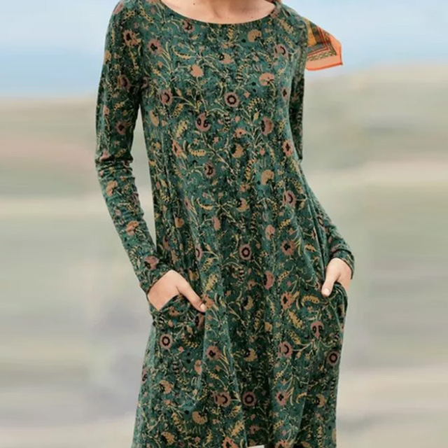 

2021 Spring Vintage Floral Print O Neck Dress Women Autumn Long Sleeve A-Line Party Dress Ladies Casual Loose Midi Dress Pocket, Black;gray