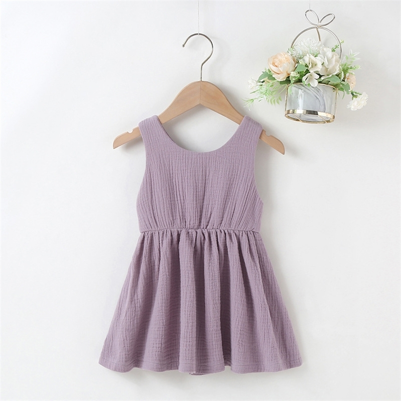 

Summer Arrivals Girls Cute Dress Sleeveless O Neck Bow Purple Solid Girl Streetwear 0-2T 210629