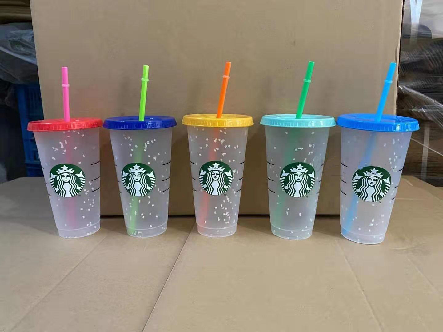 

New 5pcs/1set 24OZ Tumblers Plastic Drinking Juice Cup With Lip And Straw Magic Coffee Mug Costom Starbucks snow plastic cup, Multi-color
