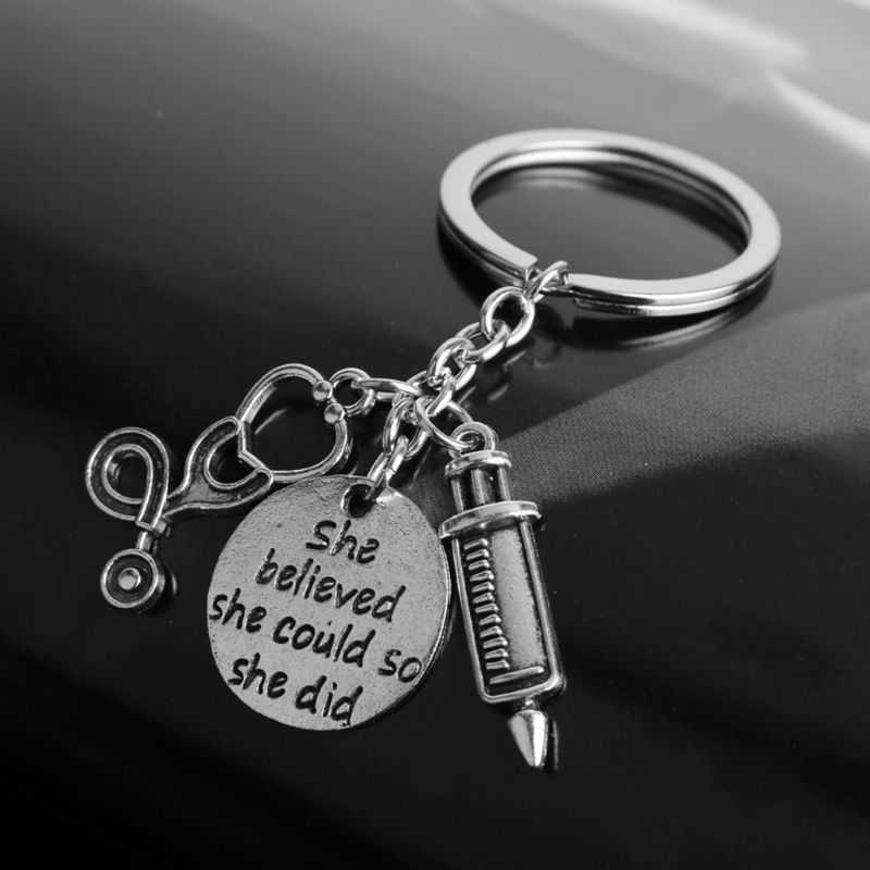 

Silver She believed she could so she did Nurse Doctor Keychain Injector Stethoscope Keychain Inspirational Jewelry Gift G1019
