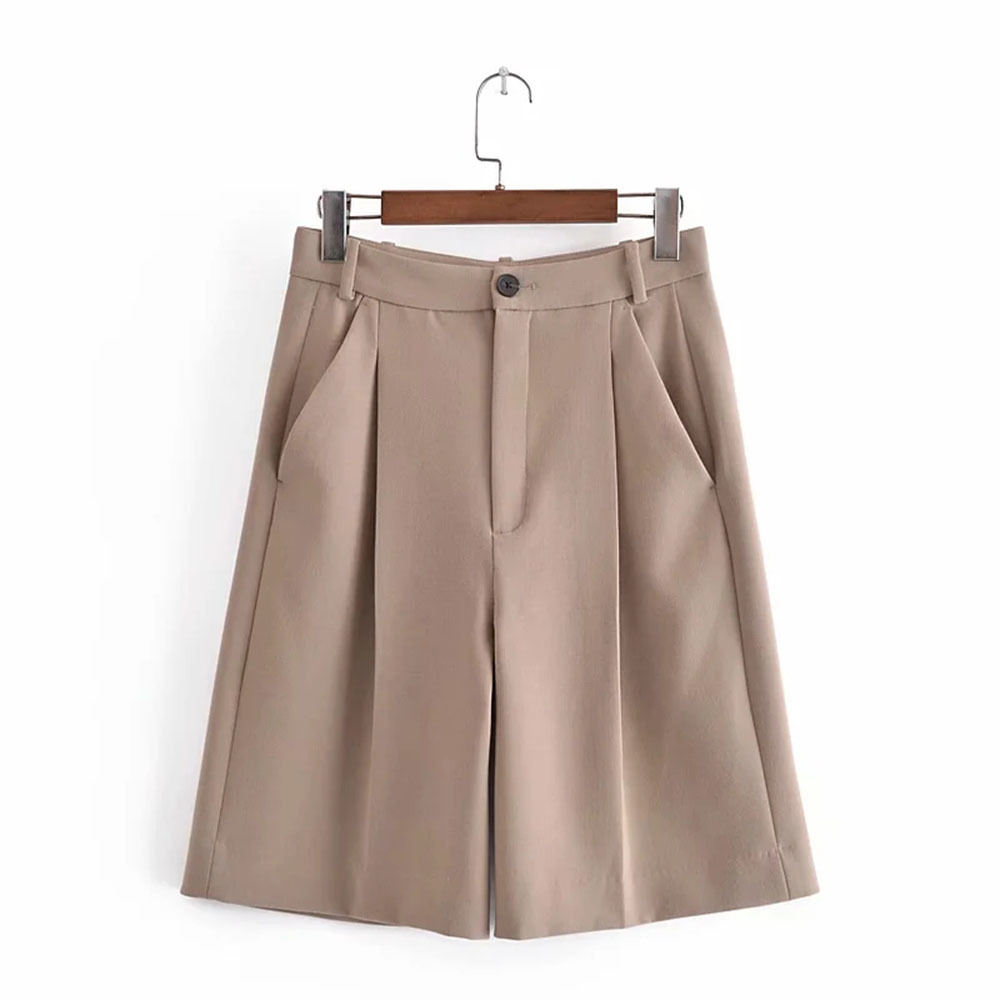 

Women Elegant Fashion Khaki High Waist Straight Pants Vintage Zipper Fly Side Pockets Shorts Casual Pantalones 210520, As picture