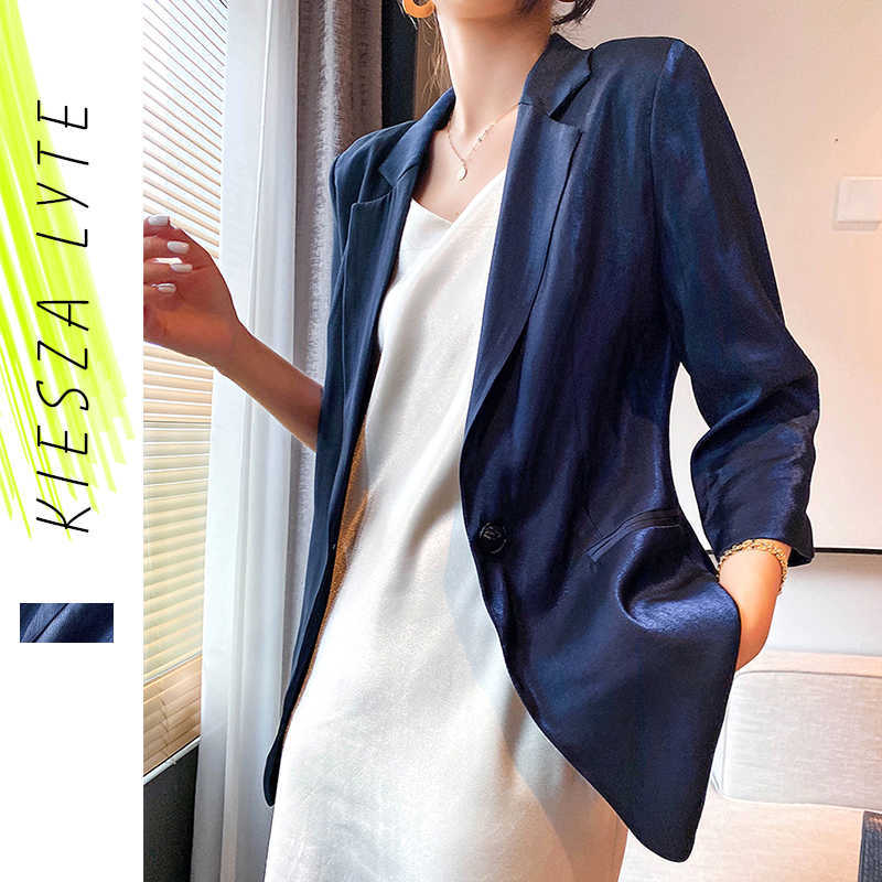 

Summer Satin Blazer Woman Shiny Thin Solid Blue Pocket Office Lady Sunblock Suit Jackets Good Quality 210608, Dark blue