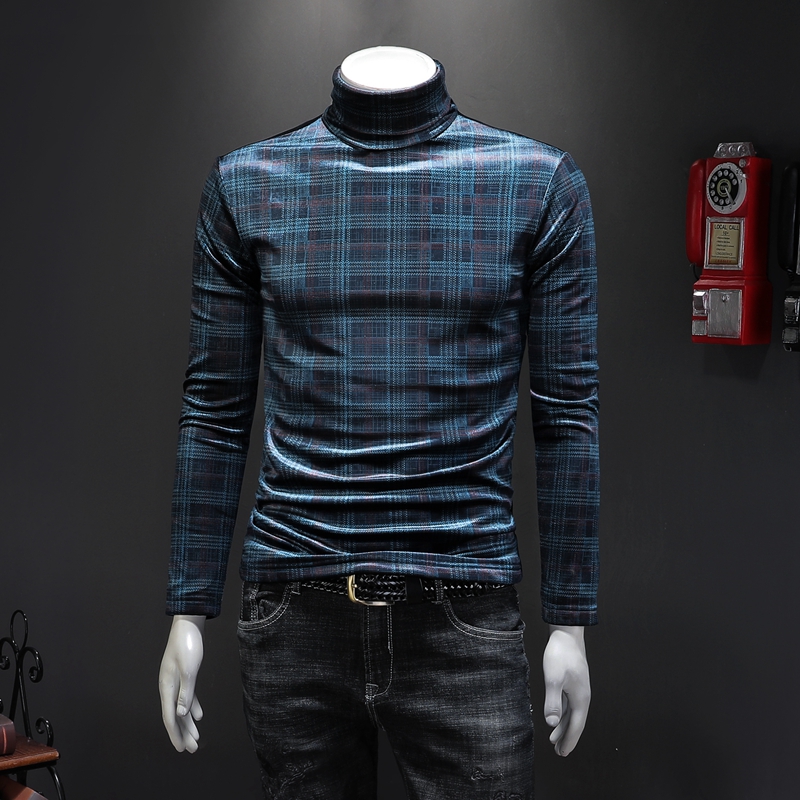 

Winter men's tops warm and thickened long-sleeved T-shirts plaid print pullovers for men and women double-sided fleece stretch turtleneck slim bottoming shirts
