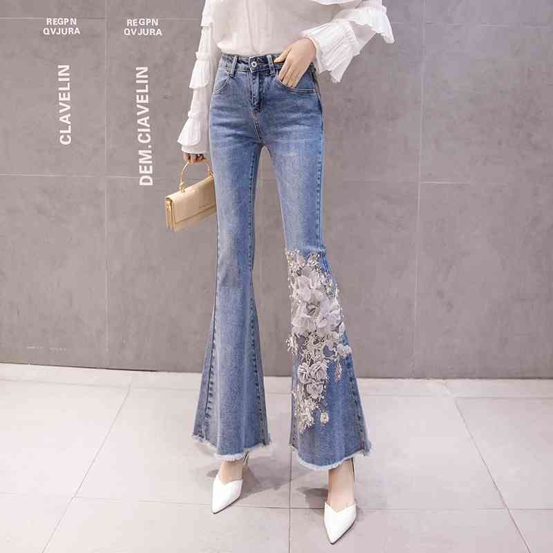 

Fashion Spring Autumn Europe Style Women Beading Embroidery Flower Flare Skinny Denim Pants Female Jeans Trousers A3214 210428, Beige