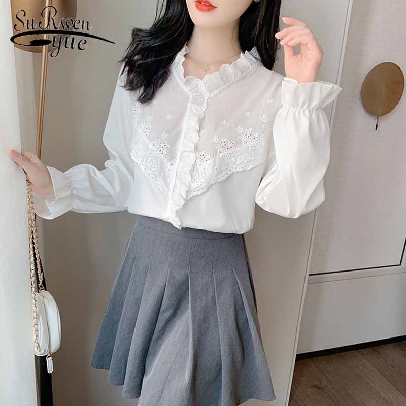 

Solid Lace Shirt V-neck White Tops Autumn Chiffon Blouse Women Long Sleeve Hollow Office Women Clothing Korean Style 10901 210527