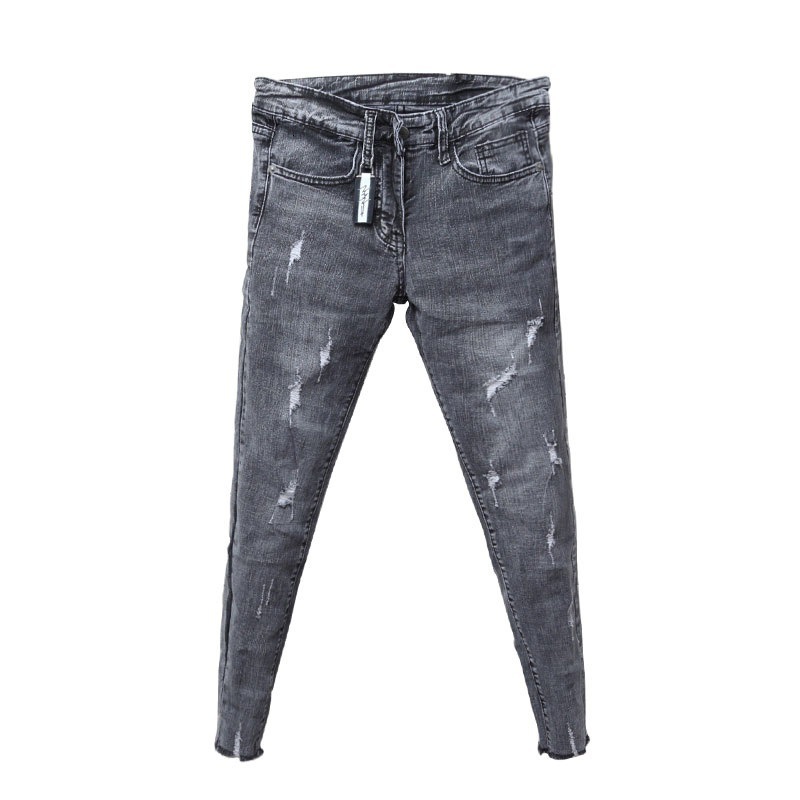 

Men's Jeans Social guy jeans men's spring summer Korean style ripped feet trousers stretch teenager pencil pants E19O, Gray