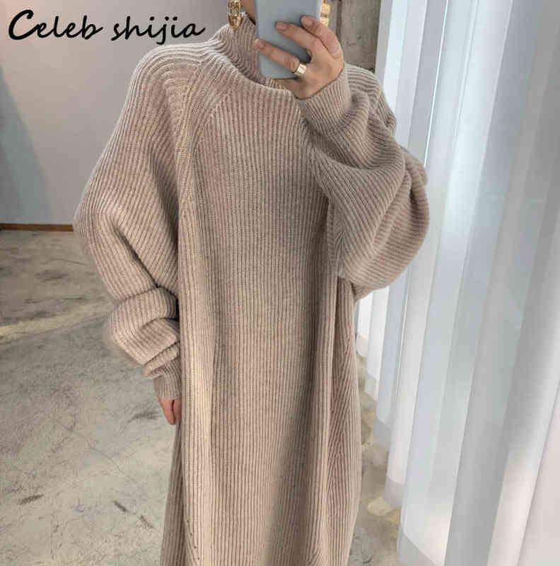 

Retro Turtleneck Woolen Dress for Women Thicken Striped Autumn 2021 Oversized Long Knit Dresses Female Winter Sweater Clothing G1223, Dark grey