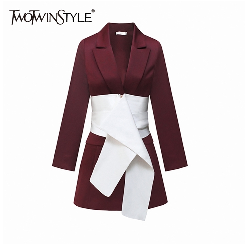 

Casual Patchwork Hit Color Blazer For Women Notched Long Sleeve Sashes Slim Blazers Female Fashion Clothing 210524, Winered