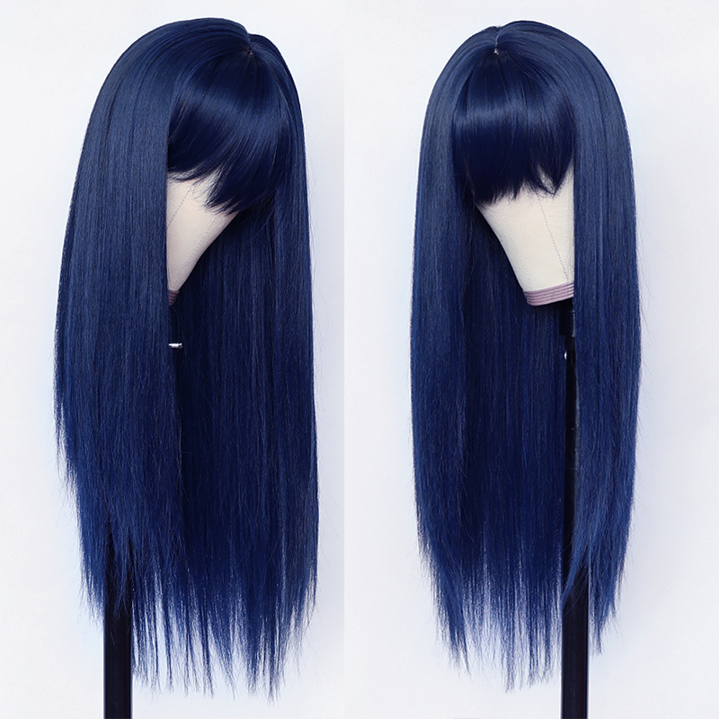 Long Silky Straight Synthetic Wig Full Neat Bangs Blue Pink Color Cospaly Party Hand Tied None Lace Wigs Heat Resistant Fiber for Black Women-image-695093034