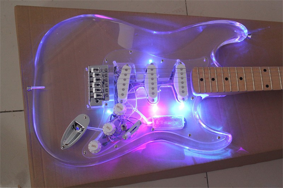 

guitar 2021 Acrylic crystal transparent 6-string electric bass color LED flashing maple xylophone neck guitars guitarra