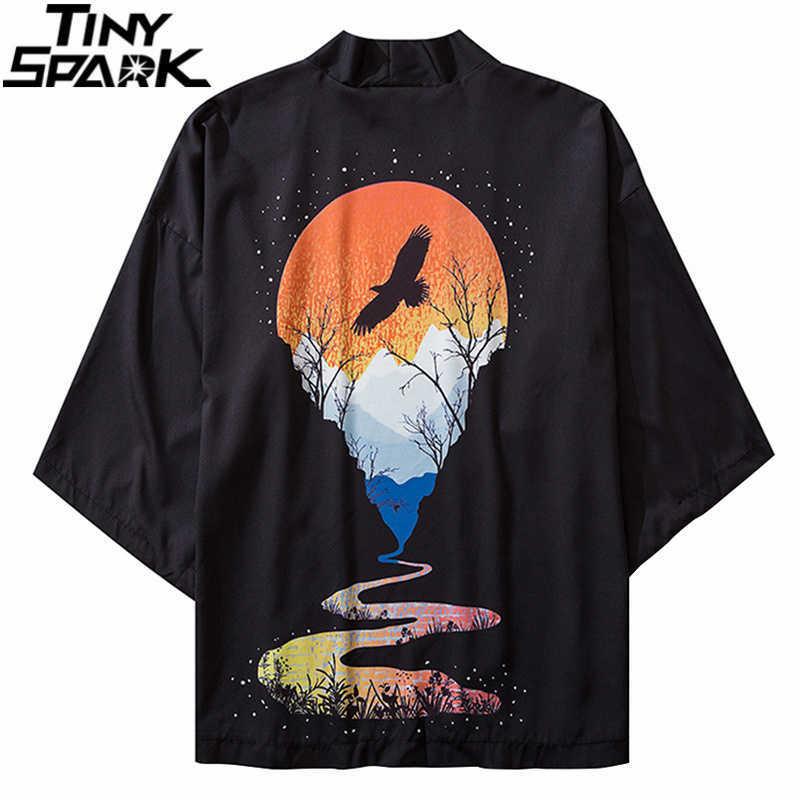

Japanese Kimono Jacket Eagle Under The Sun Harajuku 2020 Hip Hop Men Japan Streetwear Jacket Summer Thin Clothes Loose Kimono X0621, A226019 black