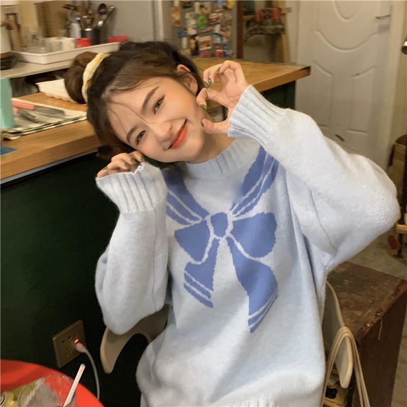 

Women's Sweaters Autumn Winter Thick Warm Sweater Women Korean Vintage Sweet Cute Bowknot Print Knitted Pullover Female Top, Pink