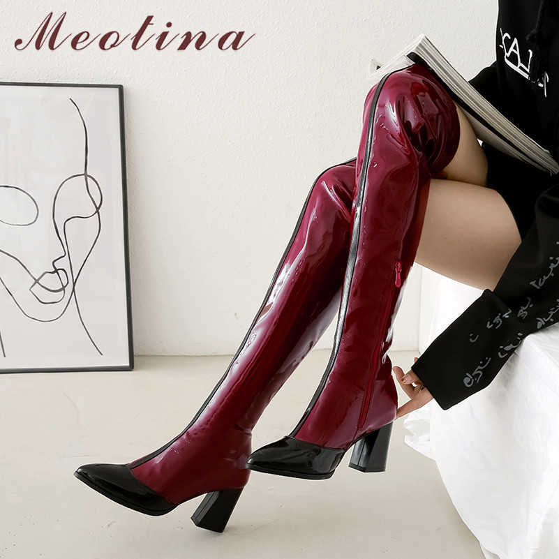 

Meotina Winter Thigh High Boots Women Patent Leather Thick High Heel Over The Knee Boots Slim Mixed Colors Zip Shoes Ladies Fall 210608, Red