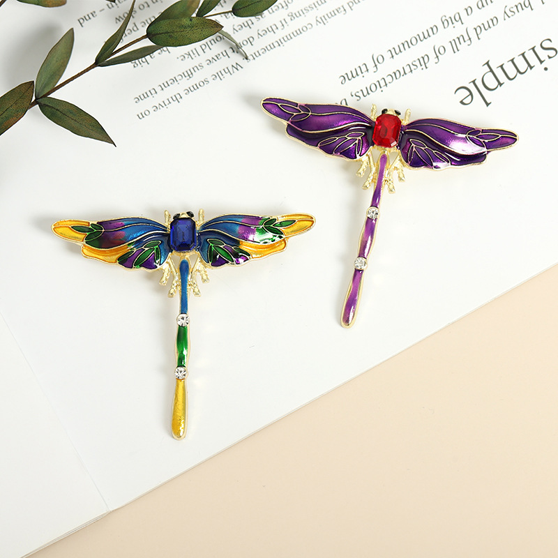 

European Oil Drop Dragonfly Brooches Enamel Colorful Crystal Insect Pins Women Girls Animal Anti Light Buckle Collar Hat Bags Badge Jewelry Accessories