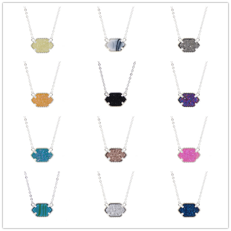 

inspired jewelry Resin Drusy Geometry Pendant Necklace fashion druzy oval necklaces silver plated brand For women girls