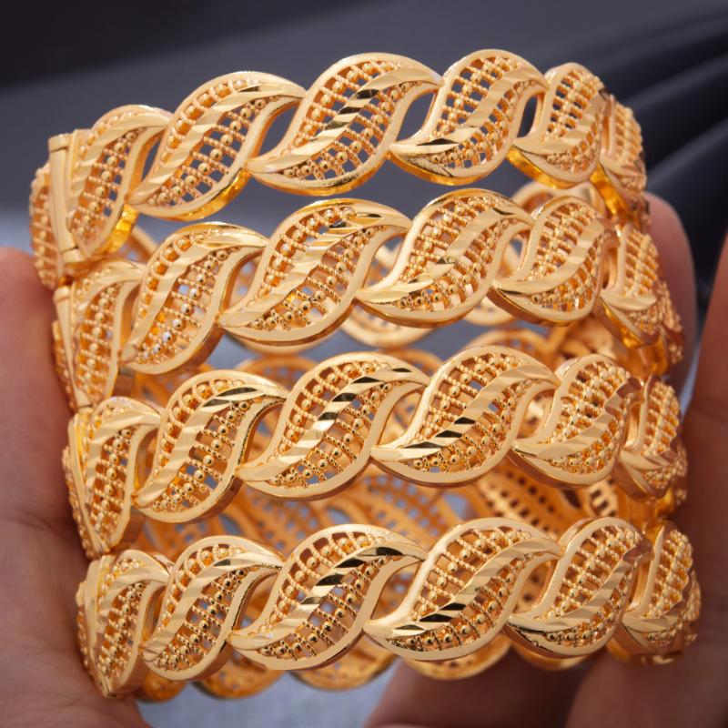 

4pcs/lot Trendy Dubai Ethiopian Gold Color Bangles For Women Girls Wife African Arab Ramadan Lucky Flower Bracelet Jewelry Bangle, Black