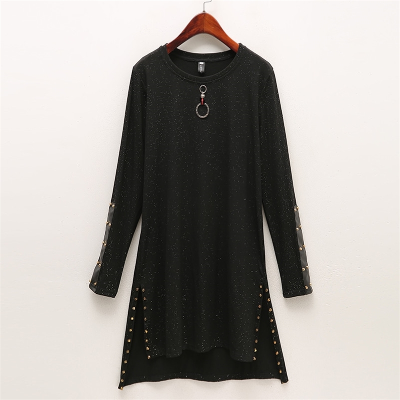 

Women Black T shirt Dress Spring Autumn Streetwear Style Fashion Long Sleeve Patchwork PU Leather Rivet Dresses 210519