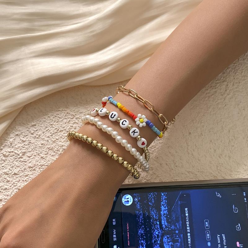 

Charm Bracelets Pastoral Style Peach Heart Rice Beads Beaded Bracelet Retro Ethnic Acrylic Letter Stacked Hand Rope Fashion Jewelry, Golden;silver