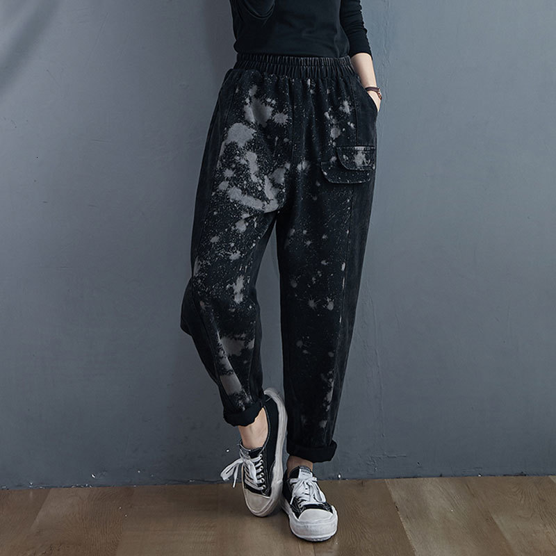 

Women's Jeans 2021 Spring Arts Style Women Elastic Waist Loose Plus Size Vintage Print Patchwork Cotton Denim Harem Pants V252 9NP8, Beige