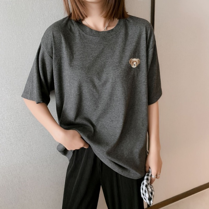 

Women's T-Shirt 2021 summer bear embroidered short sleeve lets down basic neck oversized tops for the female, White.