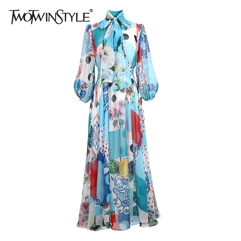 

Printed Hit Color Dress For Female Bowknot Collar Lantern Sleeve High Waist Elegant Dresses Fashion 210520, Blue