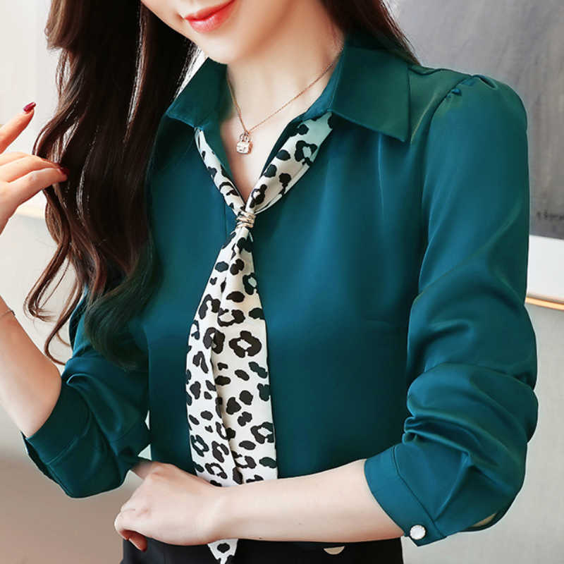 

Fashion Woman Blouses Turn Down Collar Office Ladies Tops White Blouse Women Long Sleeve Chiffon Blouse Women Shirts C425 210602, Green