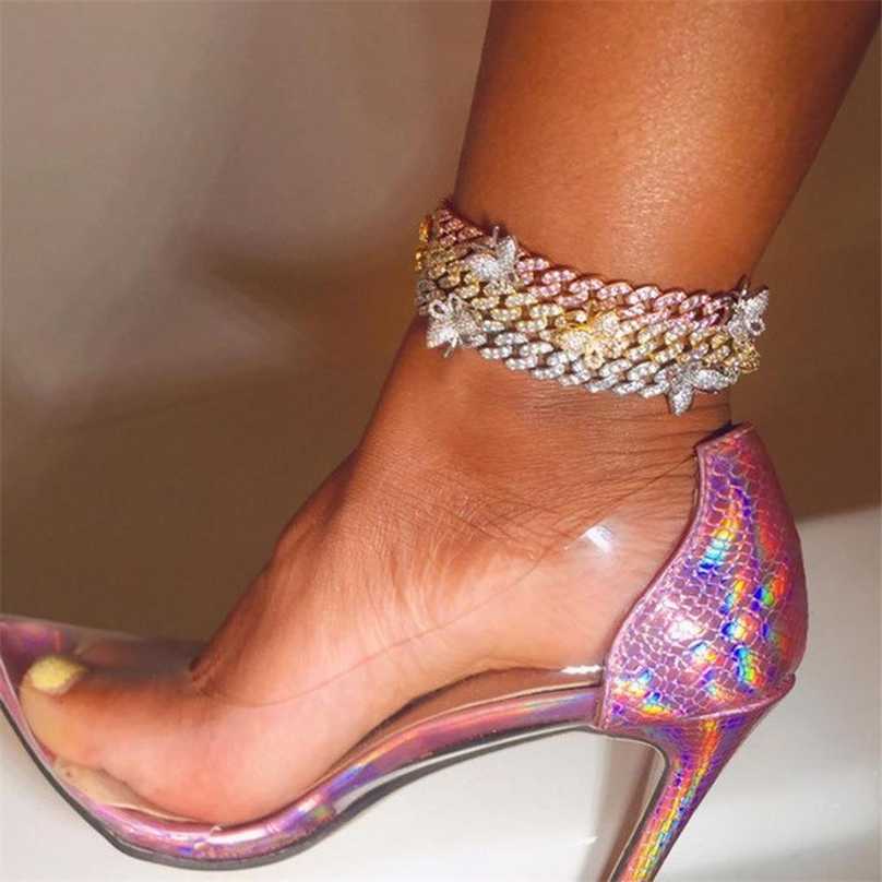 

1pcs Hip Hop Jewelry Iced Out Butterfly Anklet Crystal Cuban Chain for Women Fashion Bling Charm Foot 211018