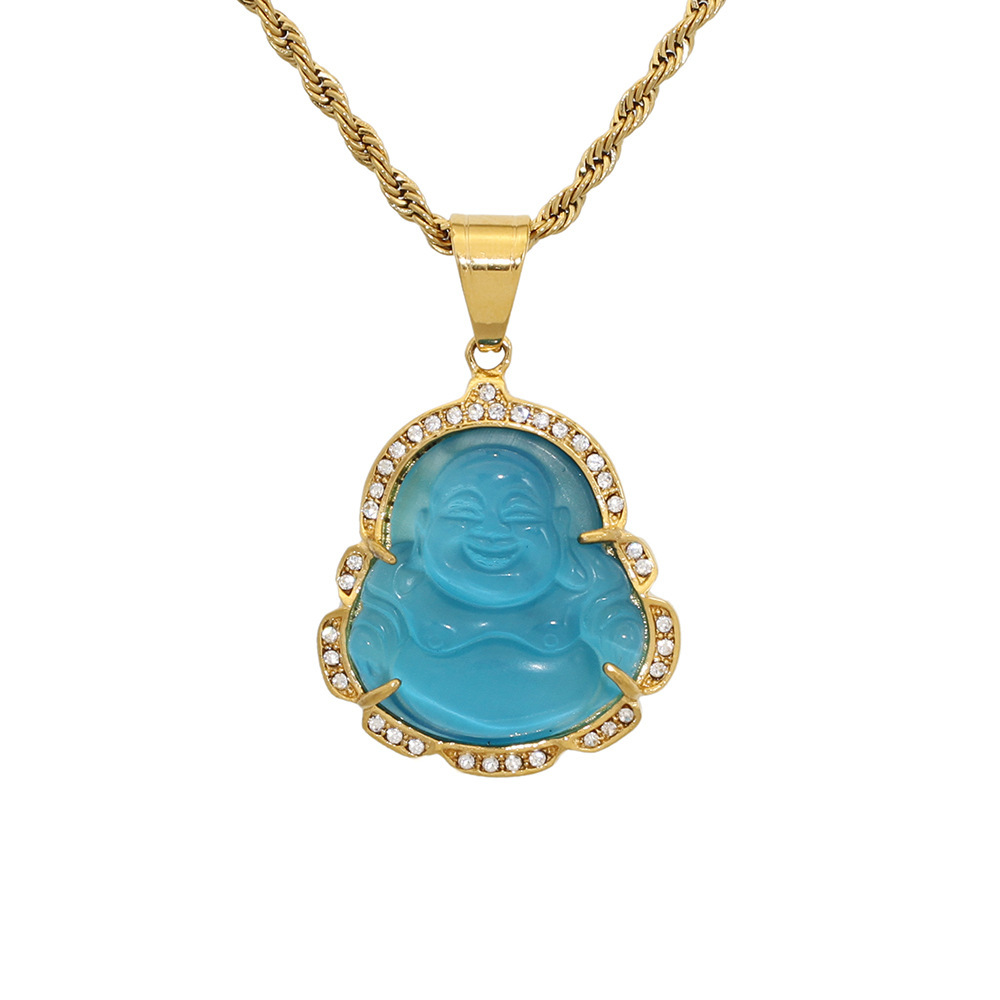 

Necklace Latest Stainless Steel Green Jade Red Purple Agate Laughing Buddha Pendant