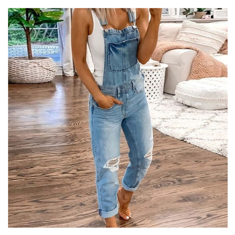 

Cargo Pants Women Holes Slim Fit Overalls Womens Pants Ripped Suspenders Printed Overalls With Women Jeans Washed Streetwear, Light blue
