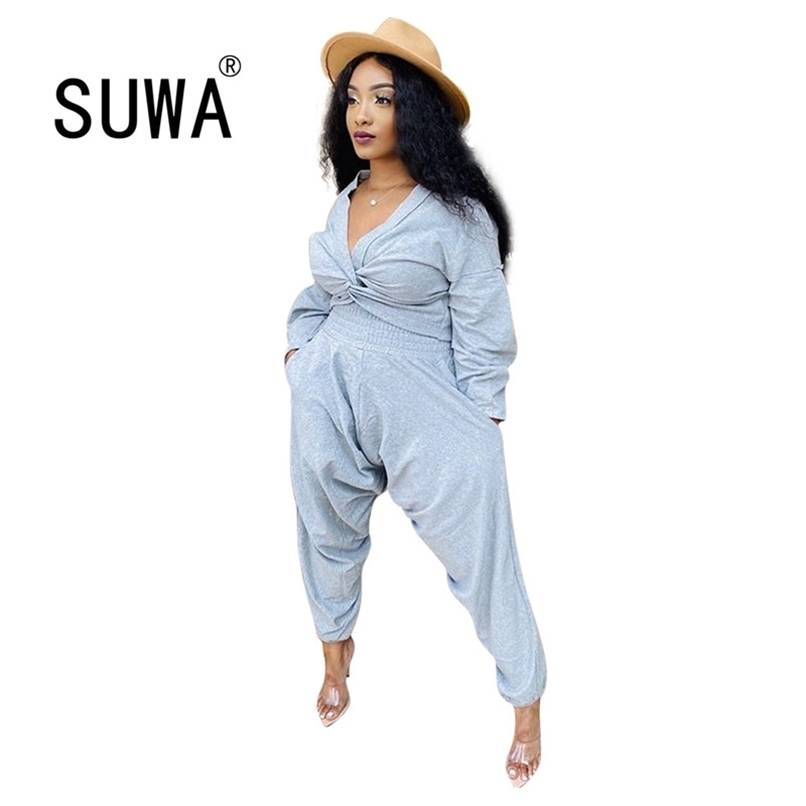 

Selling Women Solid Harem Pants Two Piece Sets Autumn Lady' V-neck Full Sleeve Short T-shirts High Waist Trousers Outfits 210525, Gray