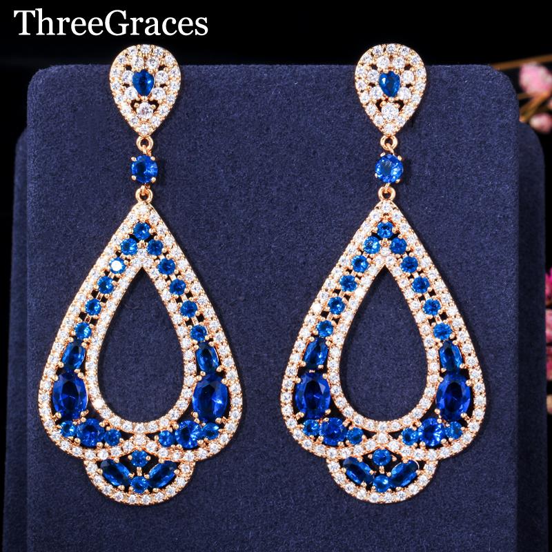 

Dangle & Chandelier ThreeGraces Luxury African Evening Party Jewelry Gold Color CZ Stone Micro Pave Big Dark Blue Earrings For Women ER178, Silver