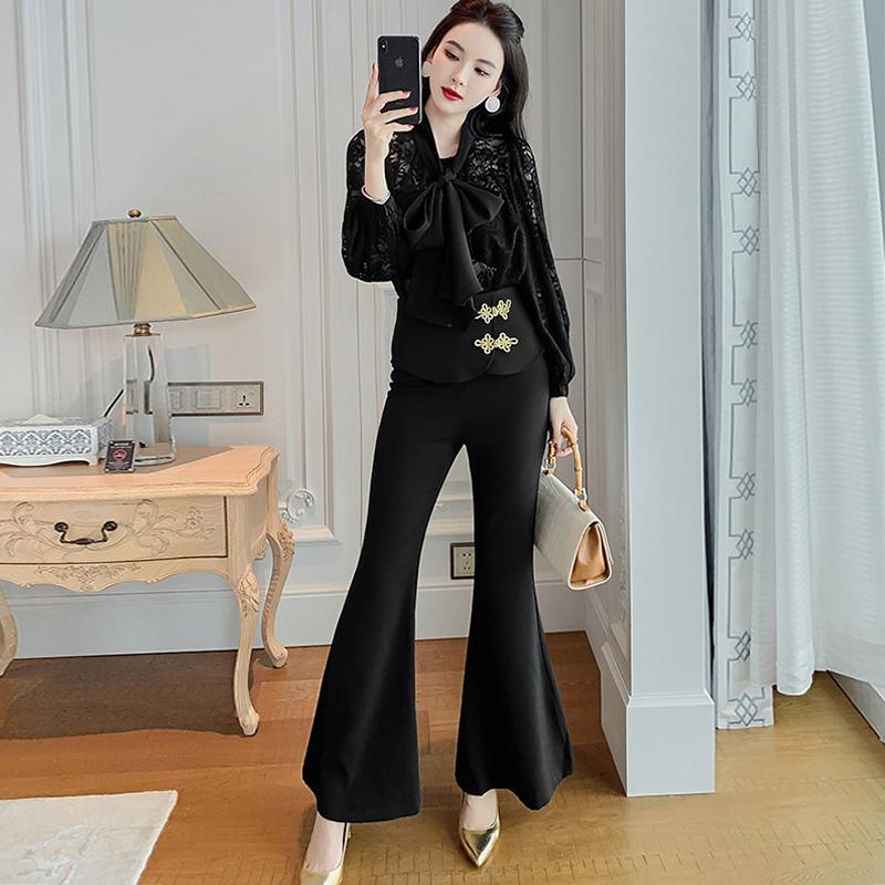 

Women's Two Piece Pants Fashion Korean Style Women Retro Sexy Lace Perspective Hollow Embroidery Loose Top Shirt Blouse Flare Female 2, White