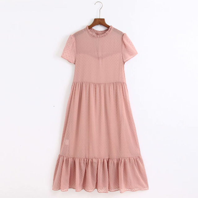 

Casual Dresses pink white Polka Dot Mesh Summer Long Women Short Sleeve Spliced Ruffles Hem Korean Fashion