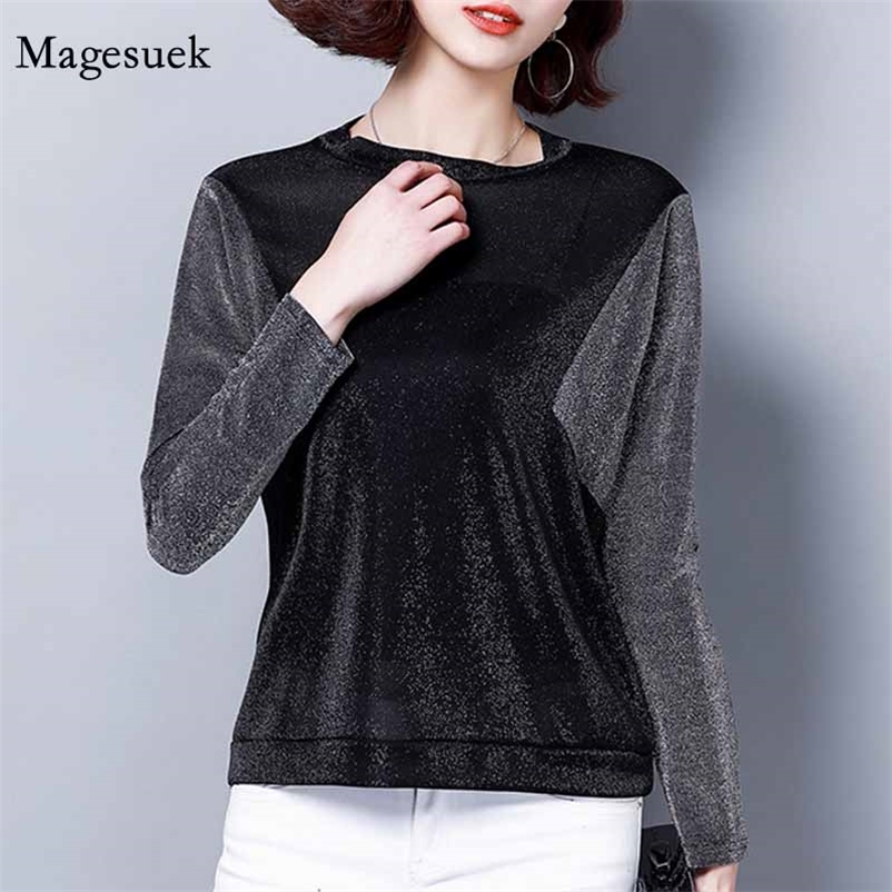 

Long Sleeve T-shirt Women Autumn Korean-Style Loose Contrasting Color Splicing O-Neck Bottoming Shirt Tops 10583 210518, Silver