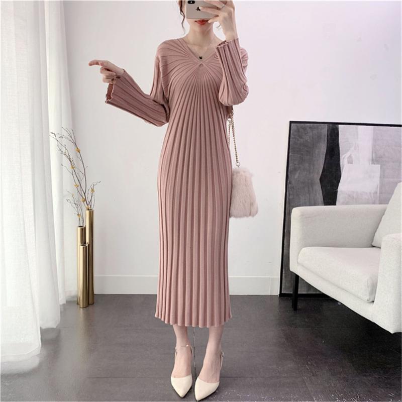 

Casual Dresses 2022 Women Knitted Sweater Maxi Autumn Winter A-line Long Sleeve Vestido Office Fashion Korean V Neck Midi ZY6331, Black;gray