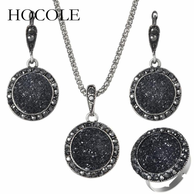 

Earrings & Necklace HOCOLE Vintage Antique Silver Color Jewelry Set Trendy Black Resin Round Pendant Ring For Women, As pic