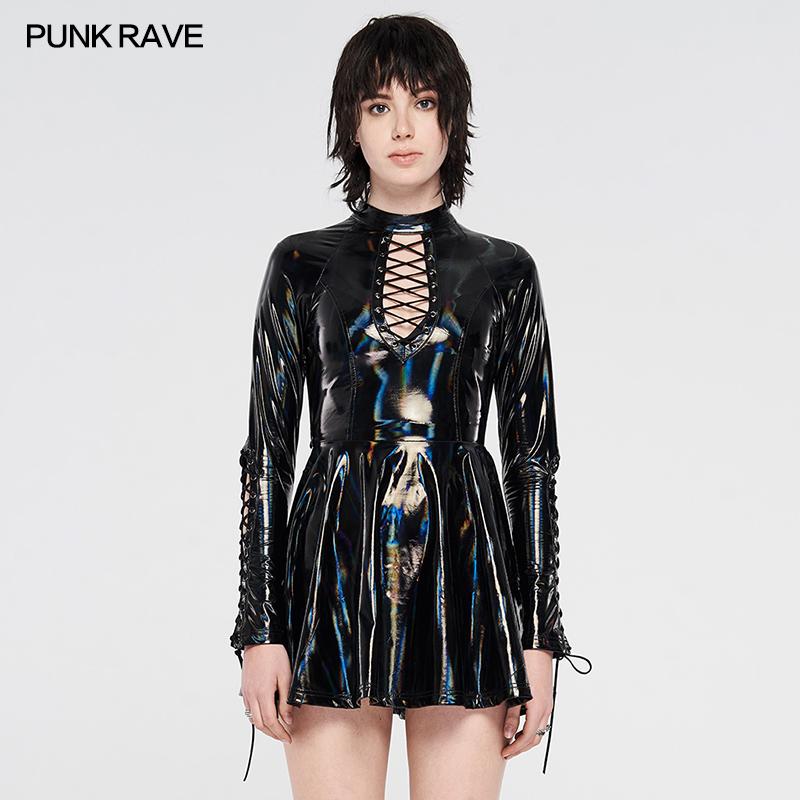 

Casual Dresses PUNK RAVE Women's Rock Hollow Design Pu Leather Black Short Dress Gothic A-Line Sexy Slim Club Women, Bk-bri wq-481lqf