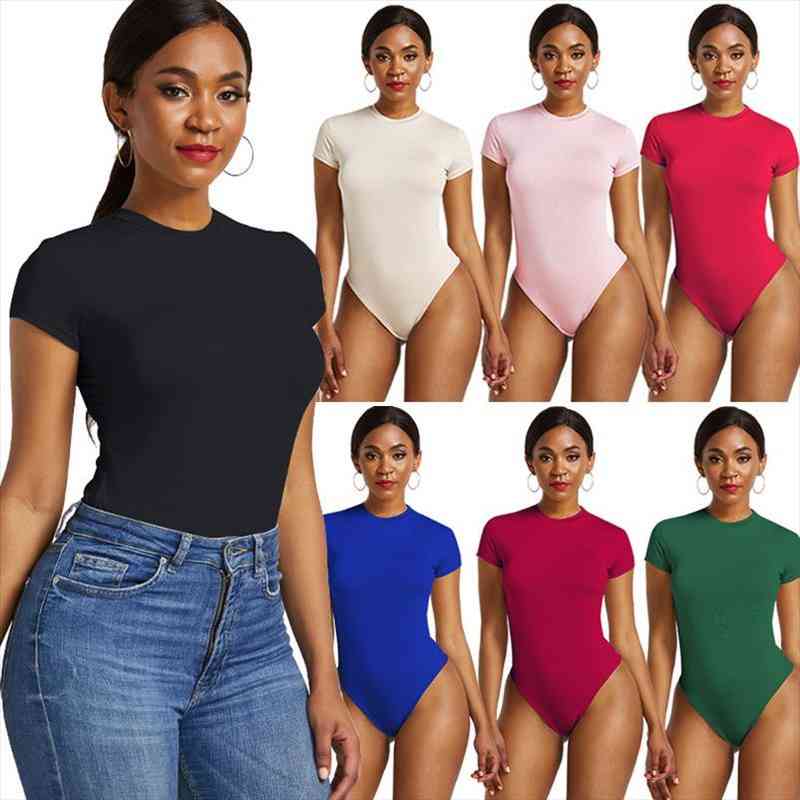

one piece bodycon bodysuit short sleeve o neck open basic white black red overalls women body skinny rompers, Black;white